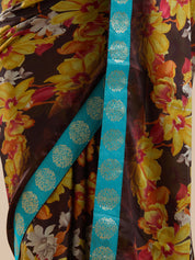 Vervee Couture Brown Yellow Floral Poly Georgette Saree with Semi Stitched Blouse | EKA