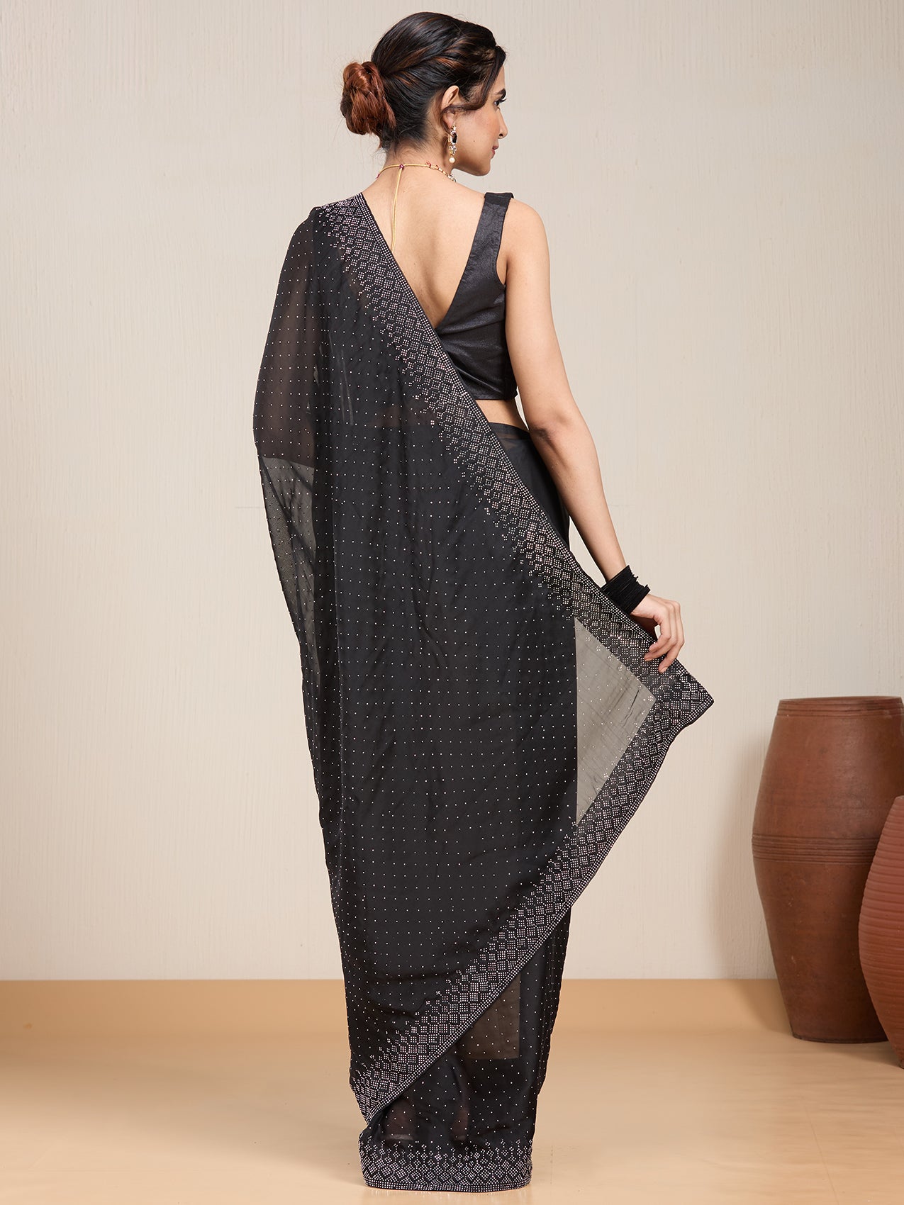 Vervee Couture Black Embellished Poly Georgette Saree | EKA