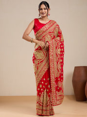 Vervee Couture Red Georgette Saree with Embroidered Zari Border | EKA