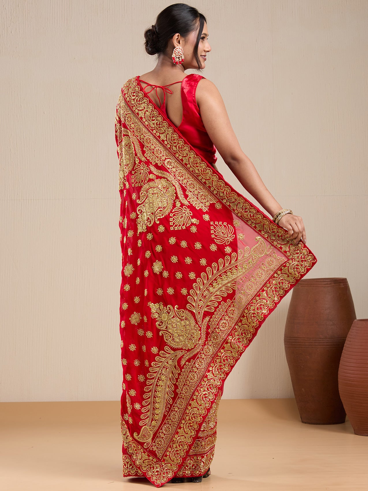 Vervee Couture Red Georgette Saree with Embroidered Zari Border | EKA