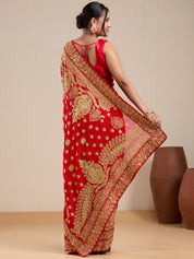 Vervee Couture Red Georgette Saree with Embroidered Zari Border | EKA