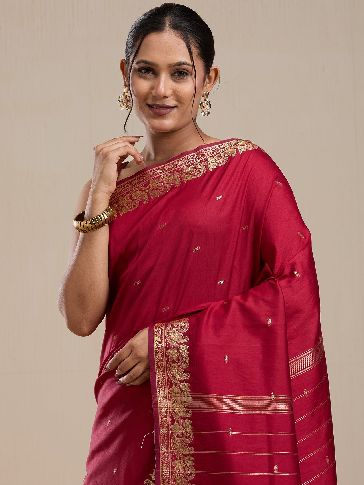 Vervee Couture Red Woven Silk Blend Saree with Semi Stitched Blouse | EKA