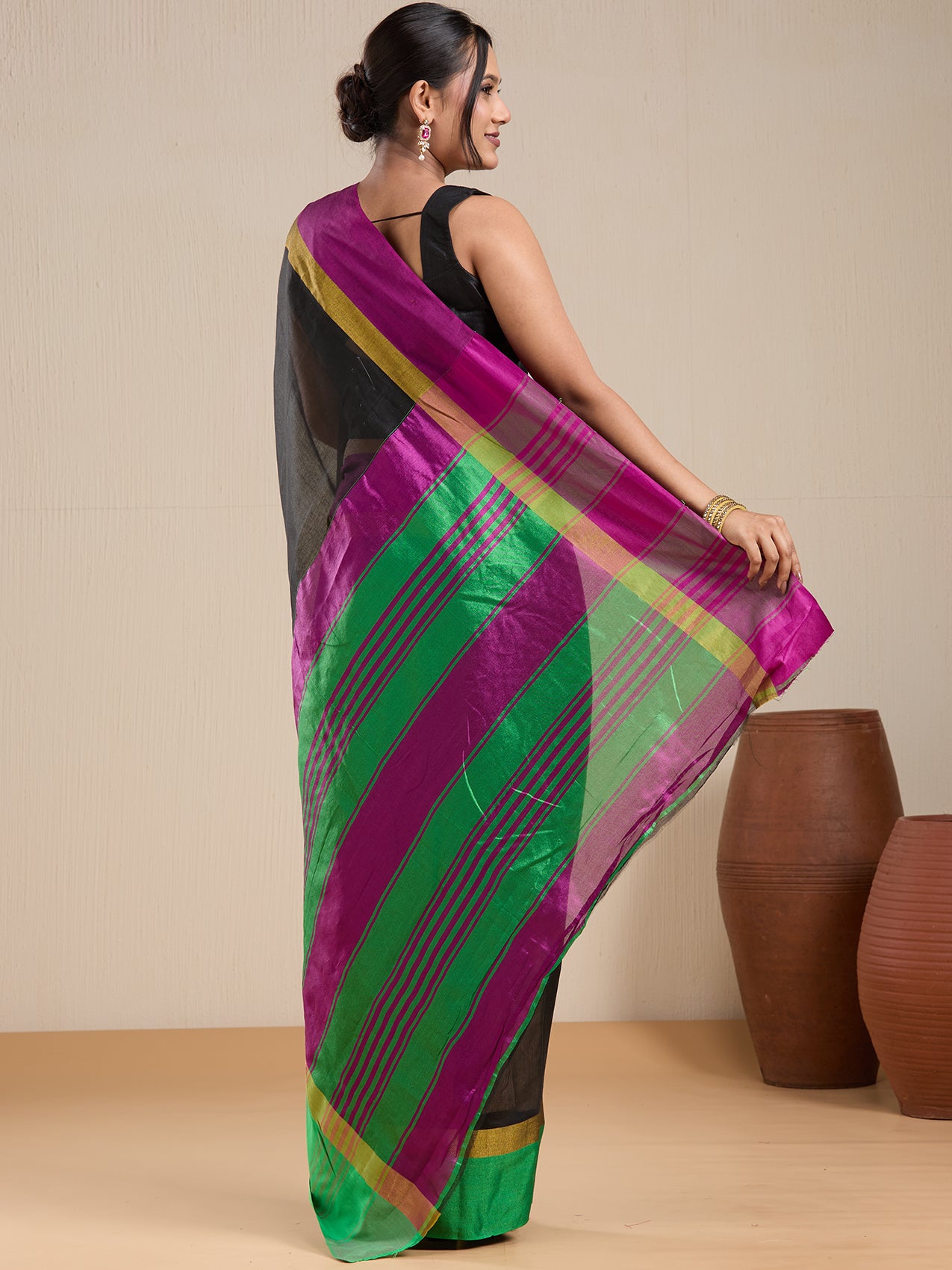 Vervee Couture Black Silk Blend Saree with Zari Border and Semi Stitched Blouse | EKA