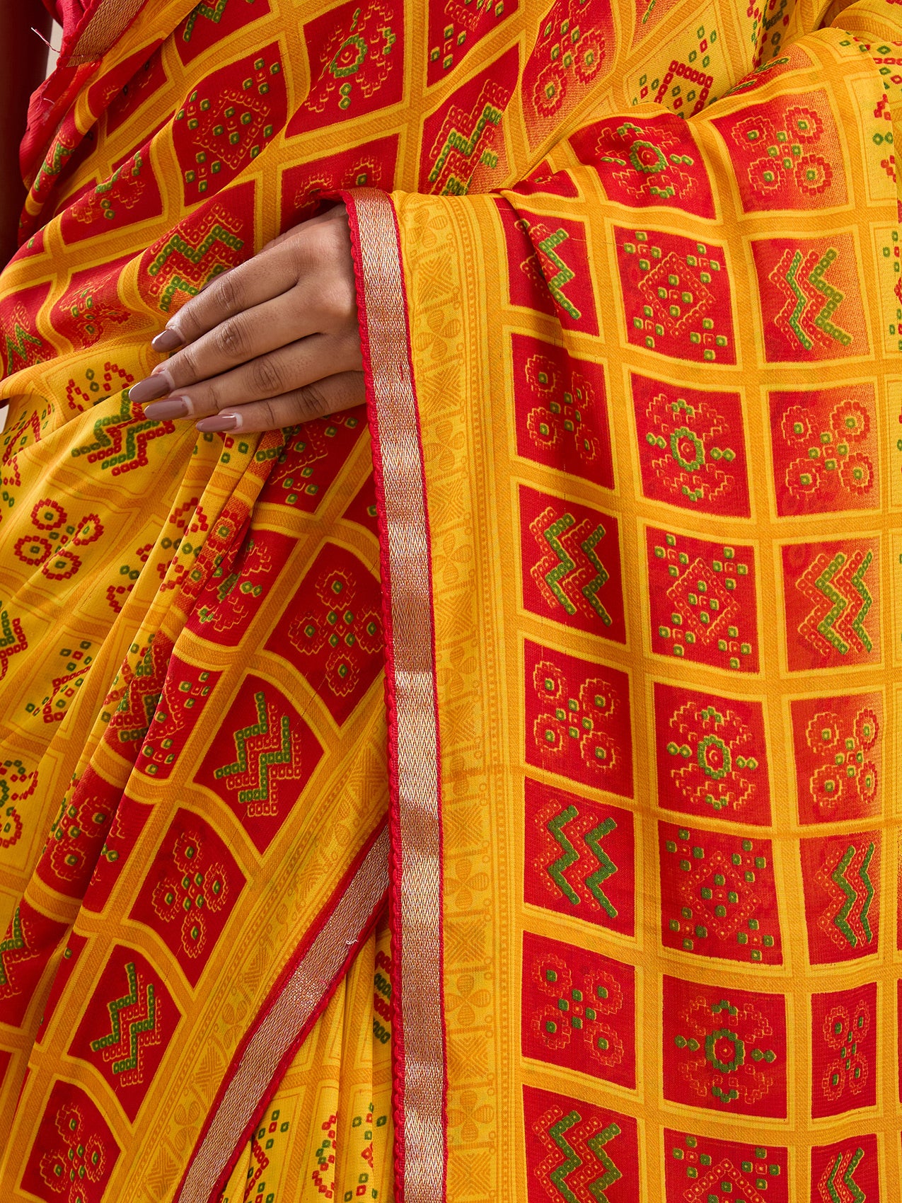 Vervee Couture Yellow Red Printed Poly Georgette Saree | EKA