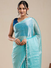 Vervee Couture Blue Silk Blend Saree with Lace Border and Semi Stitched Blouse | EKA