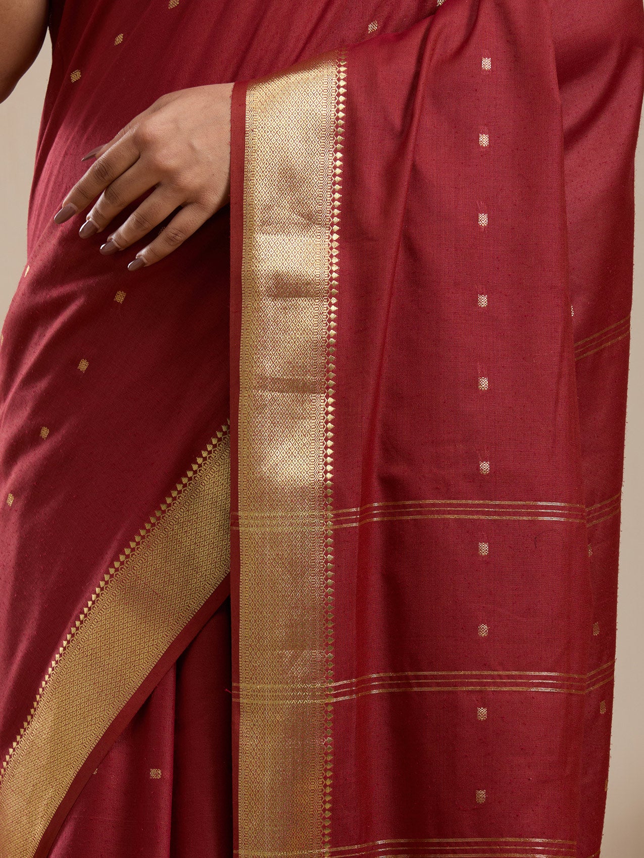 Vervee Couture Maroon Silk Blend Saree with Zari Border and Semi Stitched Blouse | EKA