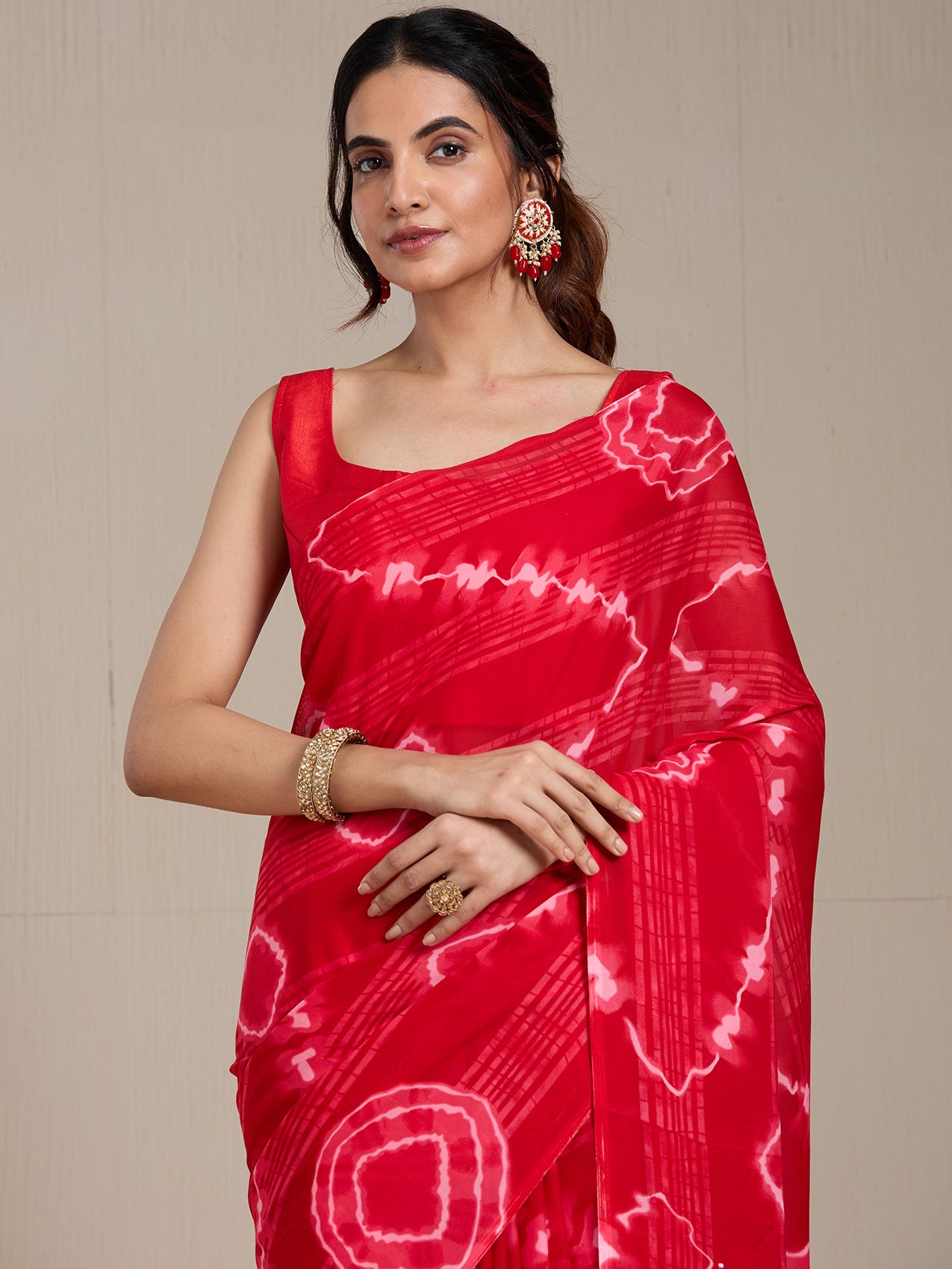 Vervee Couture Red White Shibori Poly Georgette Saree | EKA