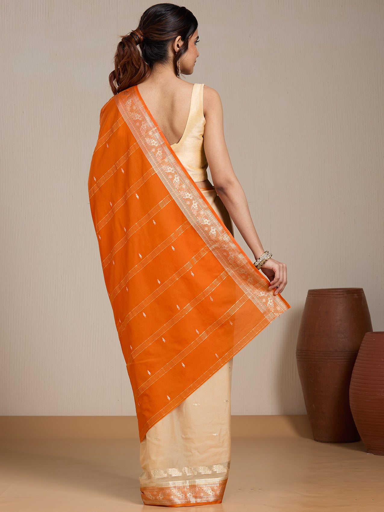 Vervee Couture Cream Orange Woven Silk Blend Saree | EKA