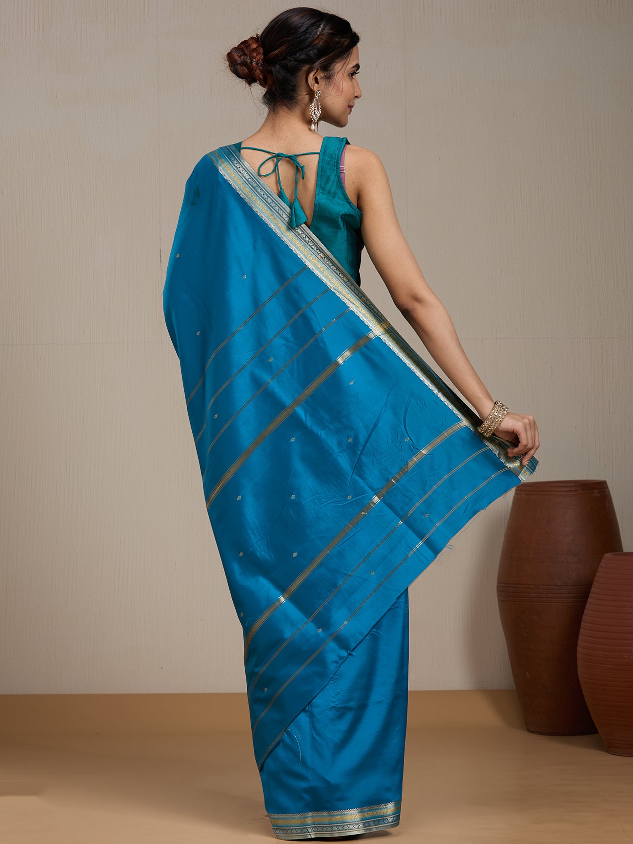 Vervee Couture Blue Silk Blend Saree with Zari Border and Semi Stitched Blouse | EKA
