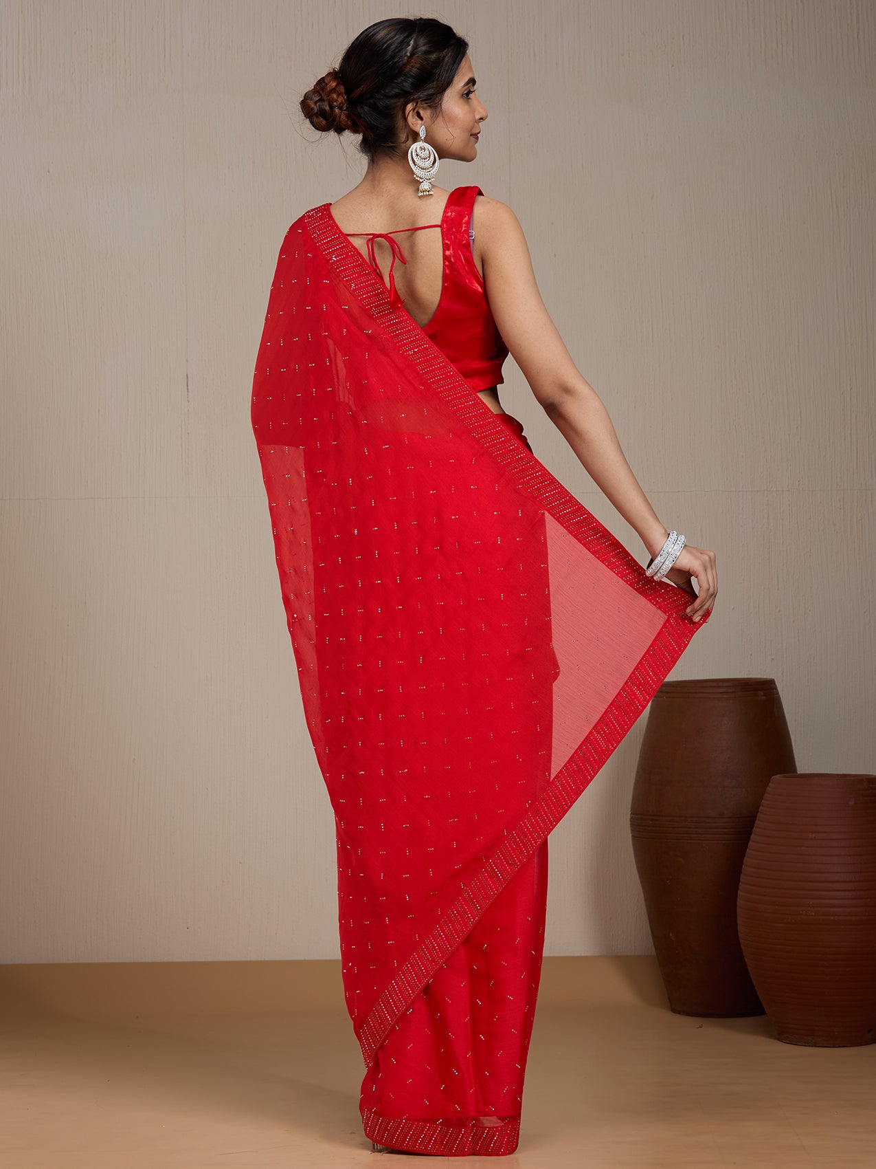 Vervee Couture Red Poly Georgette Embellished Saree | EKA