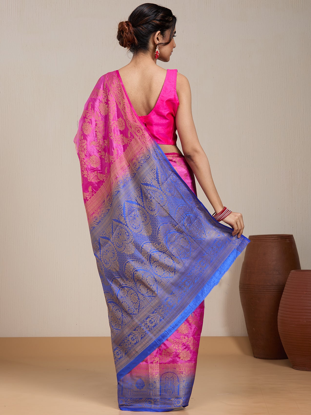 Vervee Couture Pink Blue Woven Silk Blend Saree with Zari Border | EKA