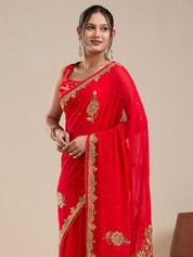 Vervee Couture Red Pure Georgette Saree with Embellished Border | EKA