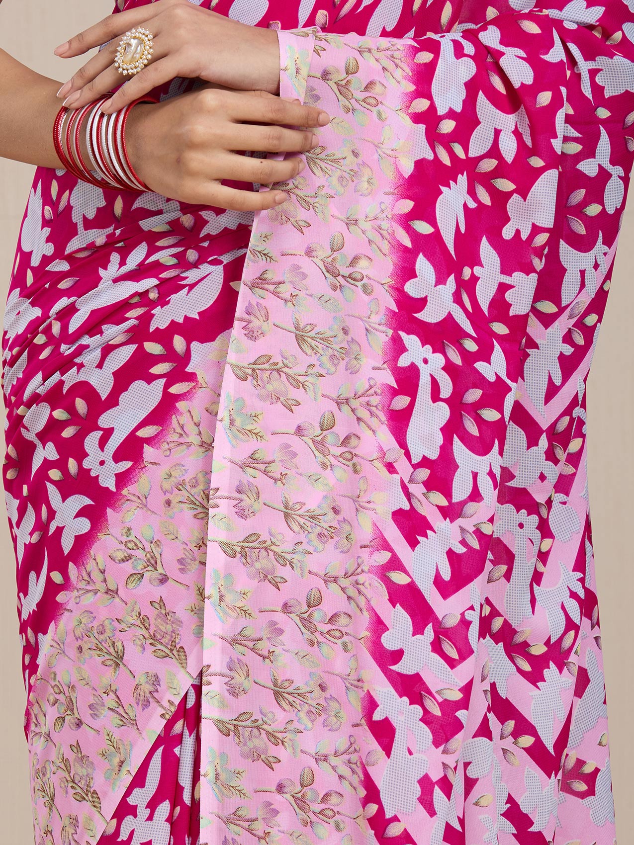 Vervee Couture Pink White Floral Printed Poly Georgette Saree | EKA