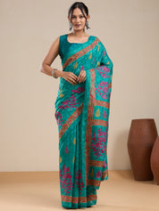 Vervee Couture Teal Pink Printed Poly Georgette Saree with Semi Stitched Blouse | EKA
