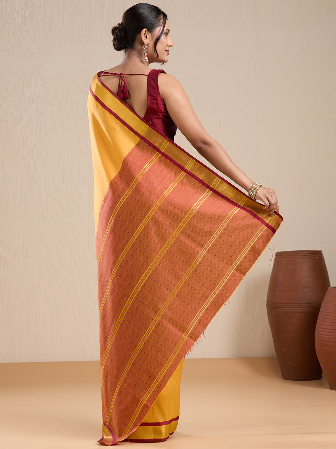 Vervee Couture Yellow Silk Blend Saree with Contrast Border and Semi Stitched Blouse | EKA