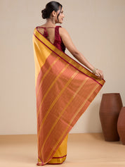 Vervee Couture Yellow Silk Blend Saree with Contrast Border and Semi Stitched Blouse | EKA