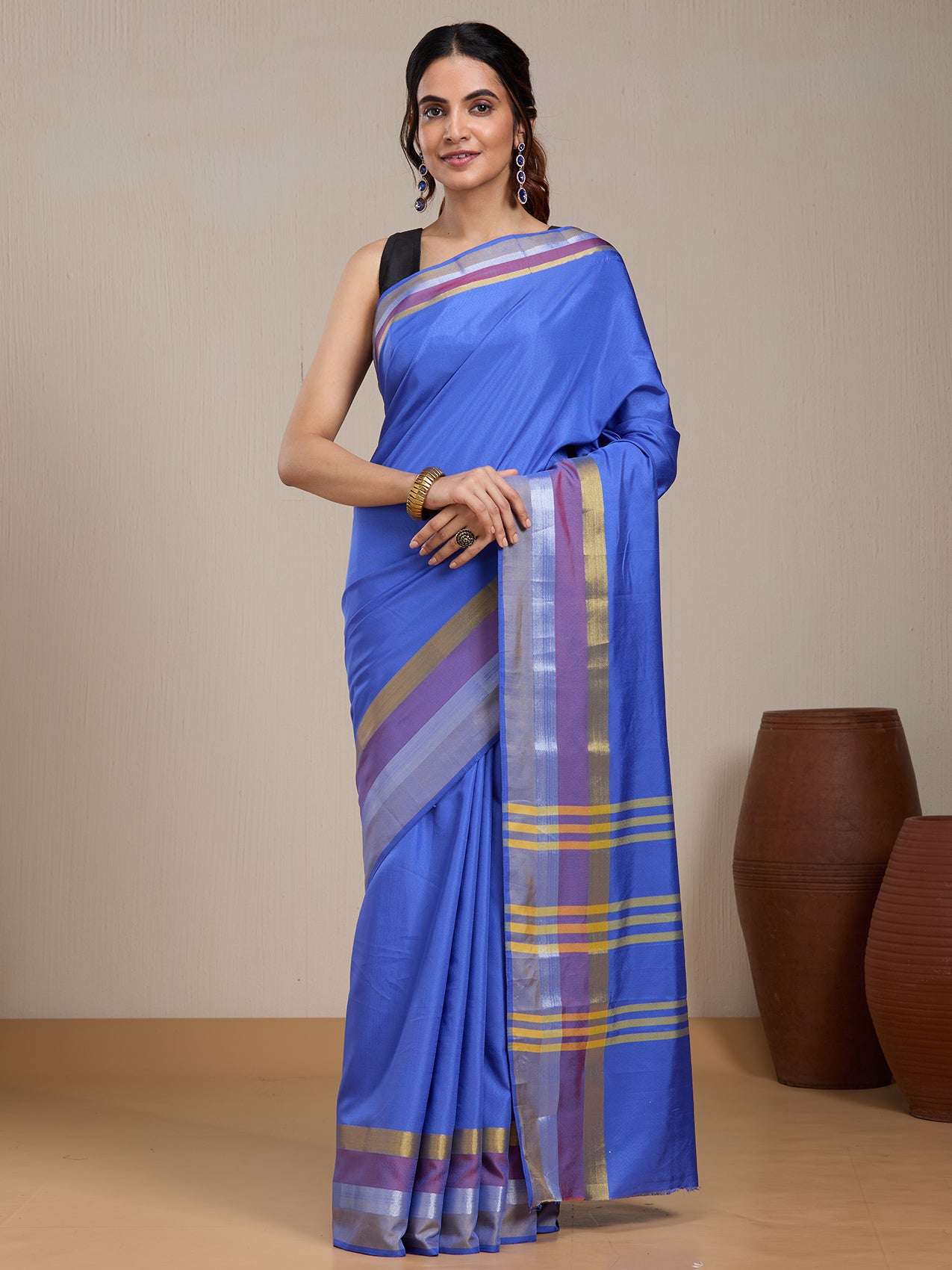 Vervee Couture Blue Silk Blend Saree with Striped Border | EKA