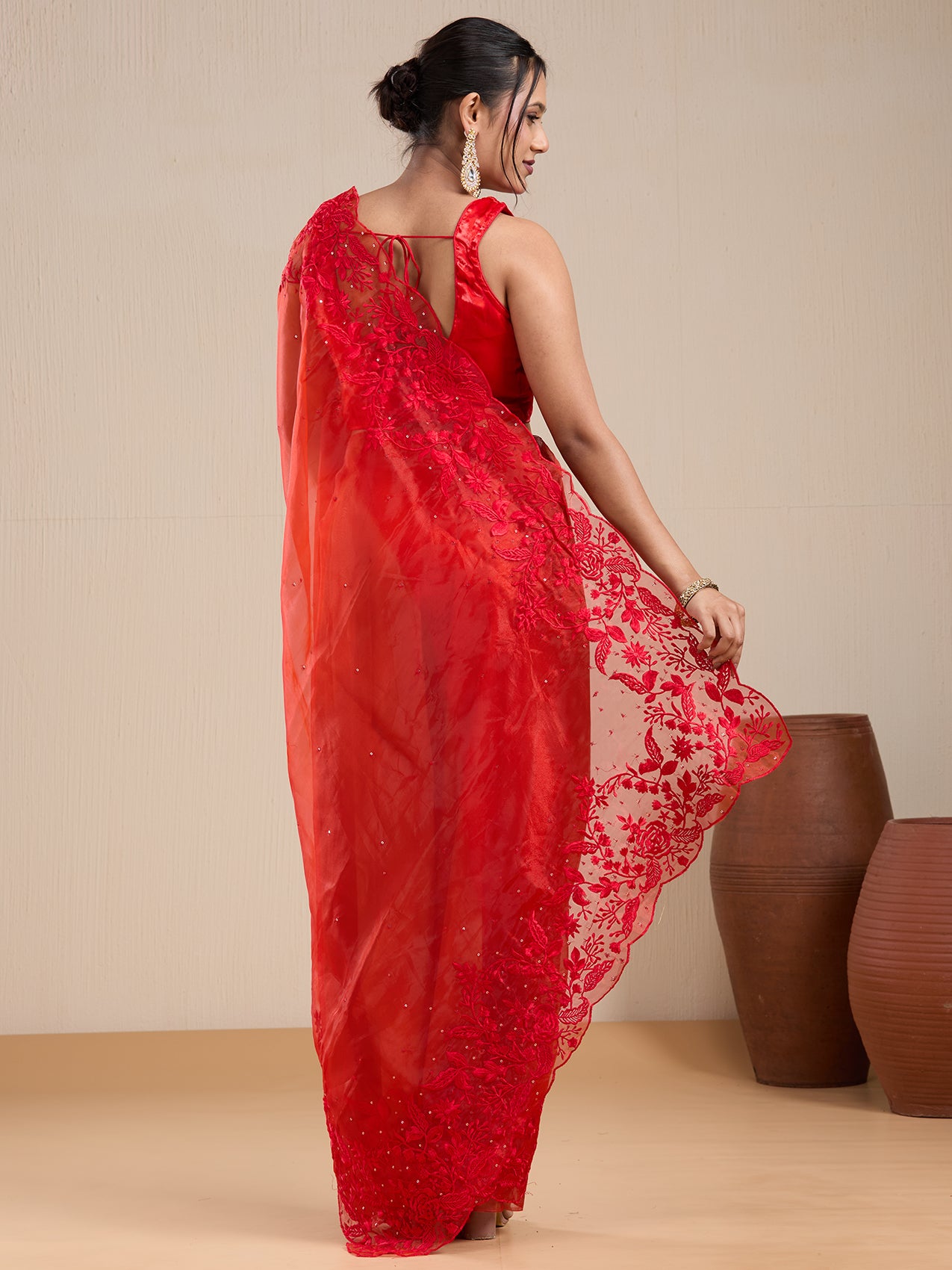 Vervee Couture Red Pure Net Saree with Sequinned Work | EKA