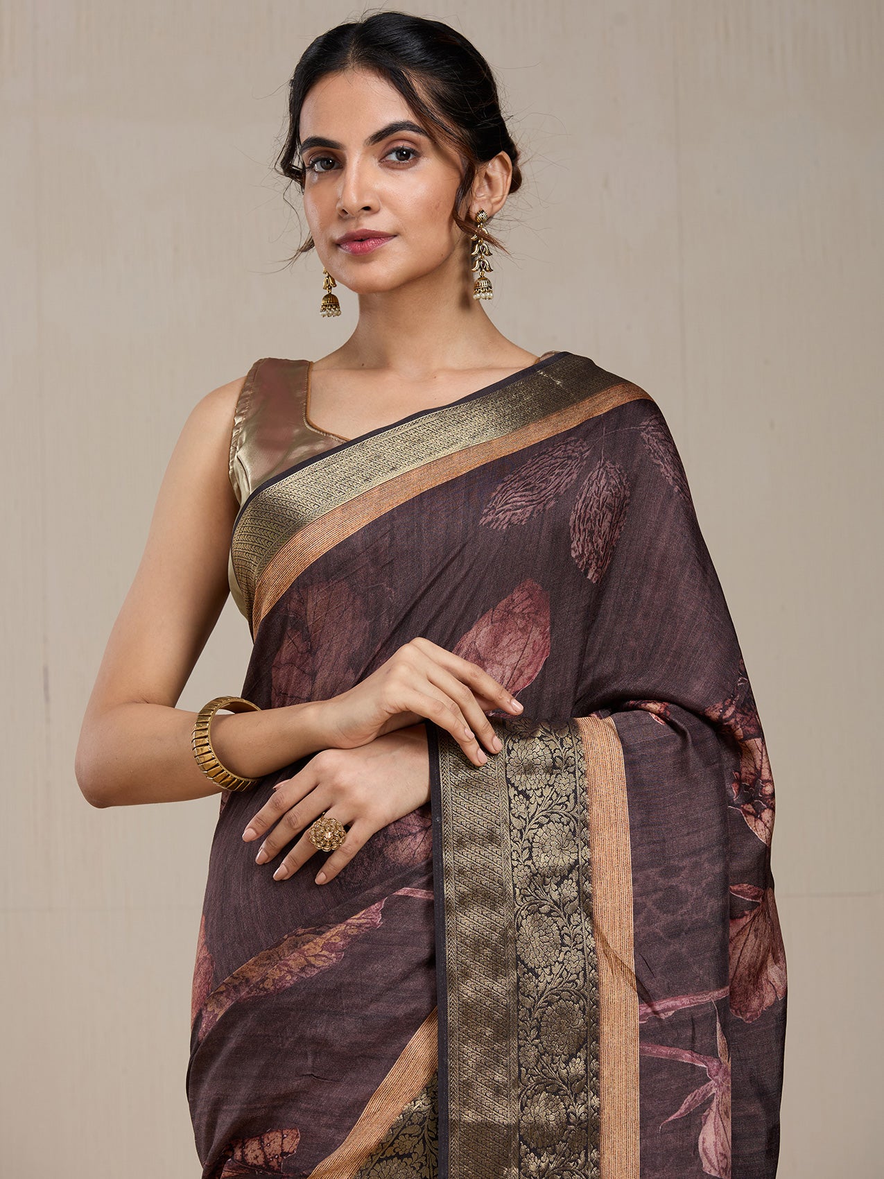 Vervee Couture Coffee Brown Gold Printed Silk Blend Saree with Semi Stitched Blouse | EKA