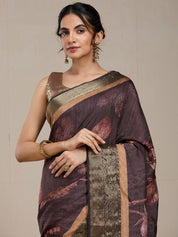 Vervee Couture Coffee Brown Gold Printed Silk Blend Saree with Semi Stitched Blouse | EKA