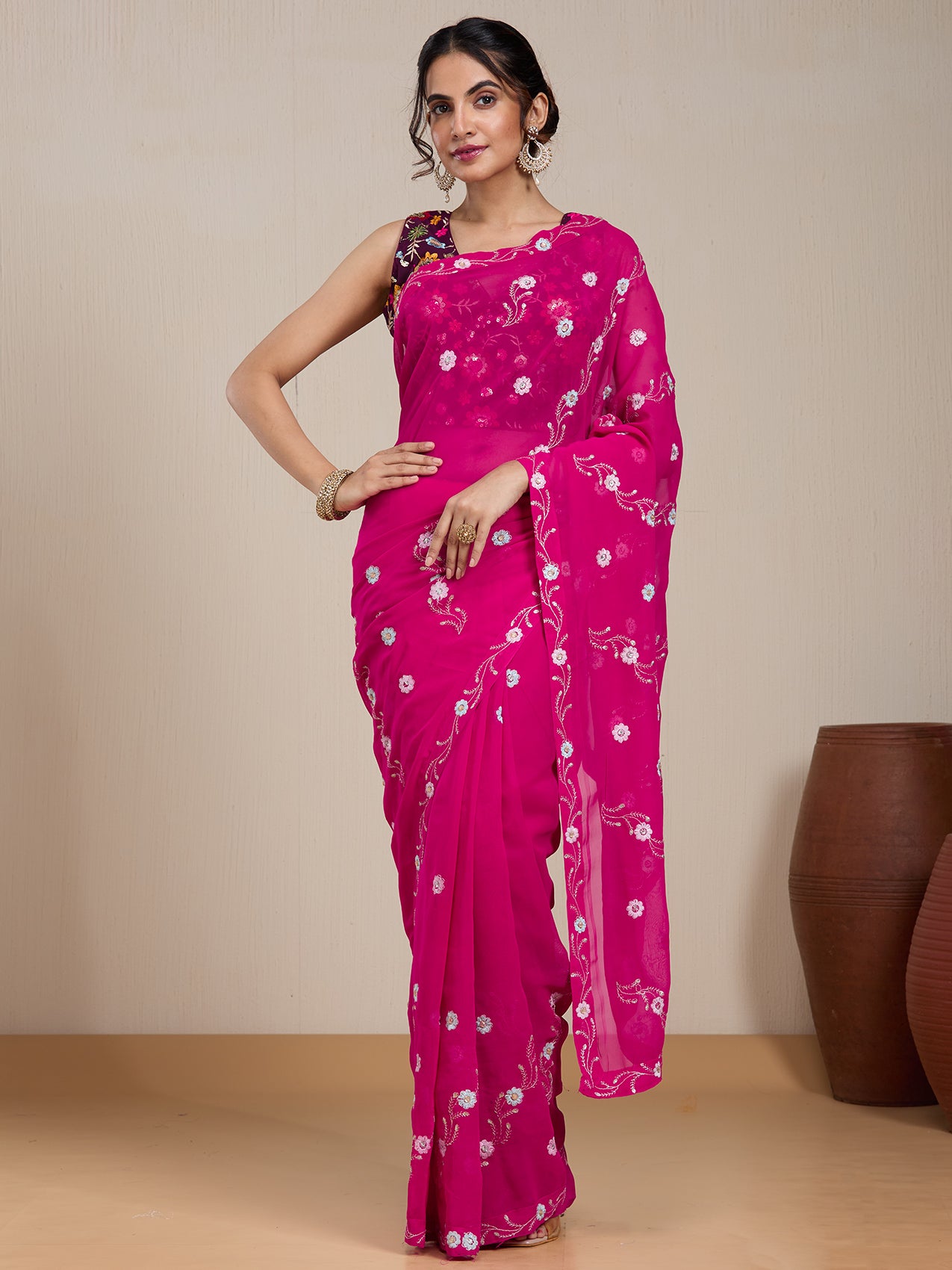 Vervee Couture Pink Embroidered Poly Georgette Saree with Semi Stitched Blouse | EKA