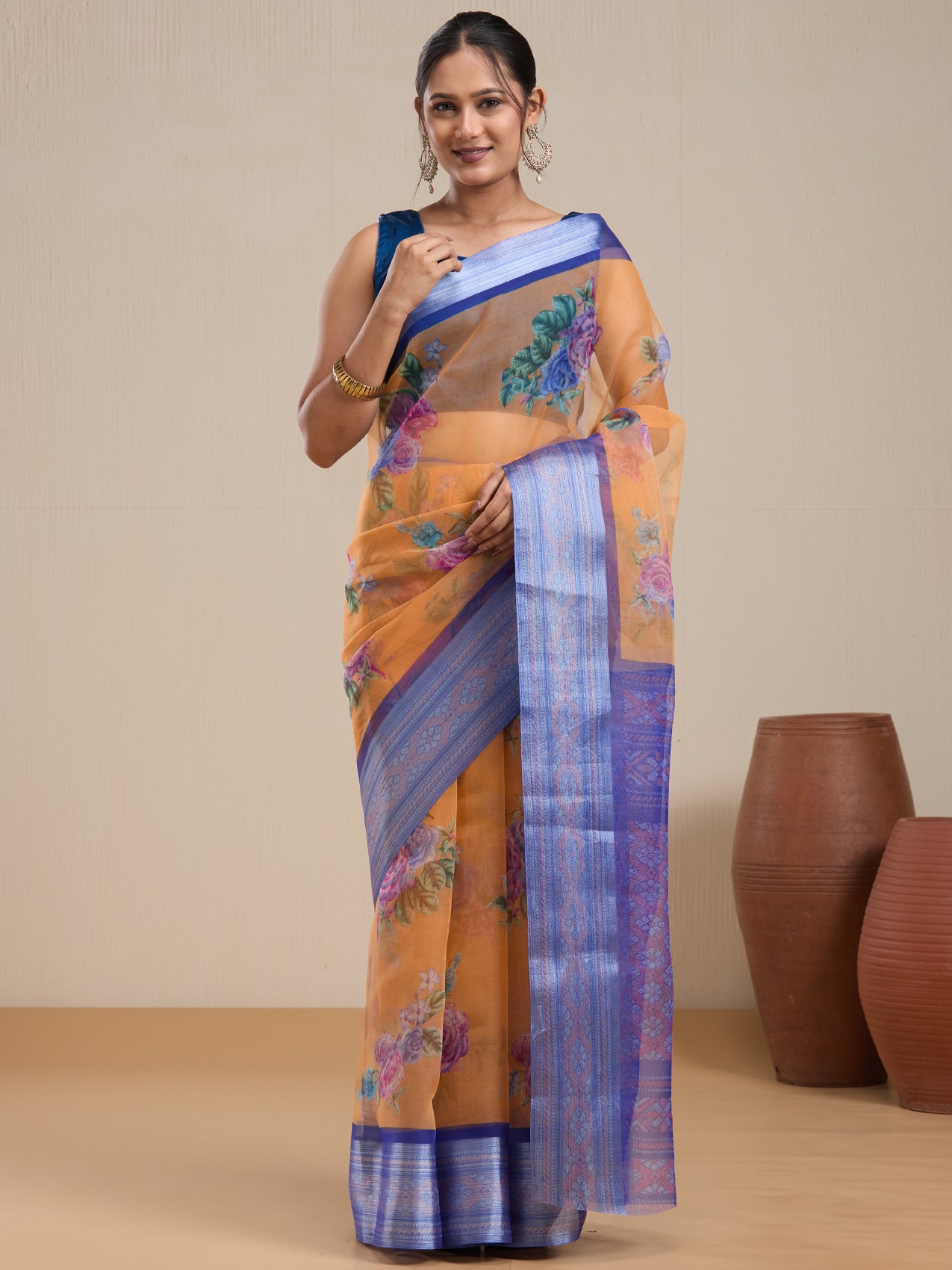 Vervee Couture Orange Blue Floral Silk Blend Saree | EKA