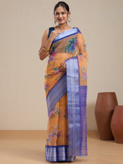 Vervee Couture Orange Blue Floral Silk Blend Saree | EKA