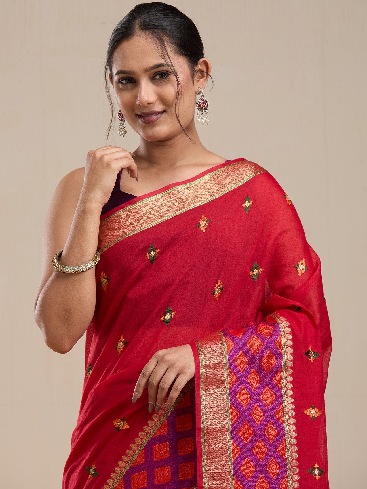 Vervee Couture Red Silk Blend Saree with Zari Border and Semi Stitched Blouse | EKA