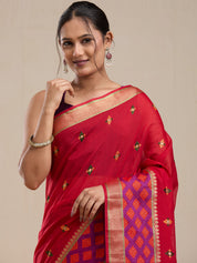 Vervee Couture Red Silk Blend Saree with Zari Border and Semi Stitched Blouse | EKA
