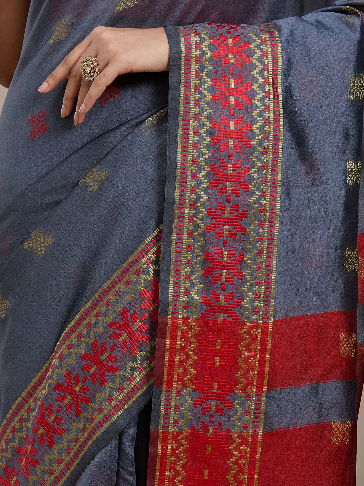Vervee Couture Grey Silk Blend Saree with Zari Border and Semi Stitched Blouse | EKA