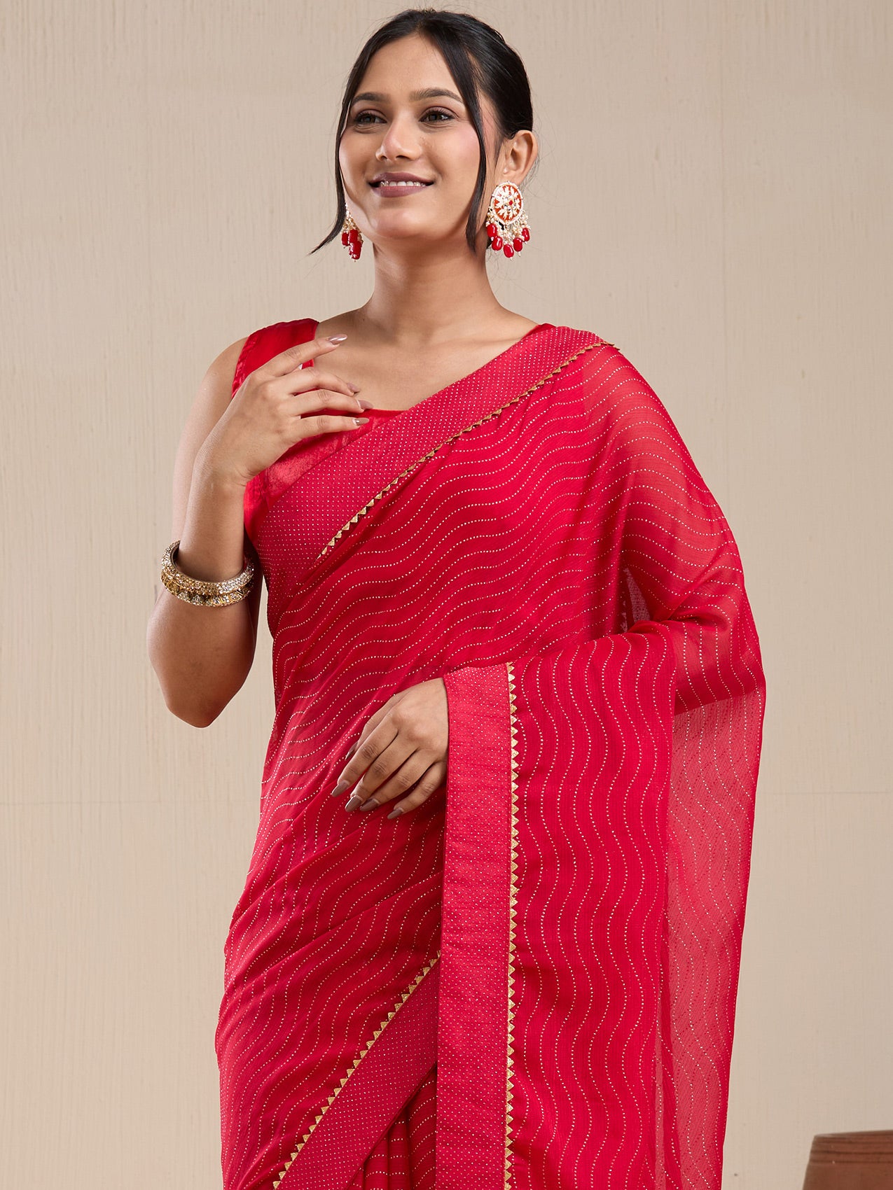 Vervee Couture Red Poly Georgette Saree with Zari Border | EKA