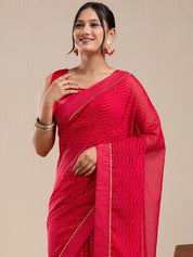 Vervee Couture Red Poly Georgette Saree with Zari Border | EKA