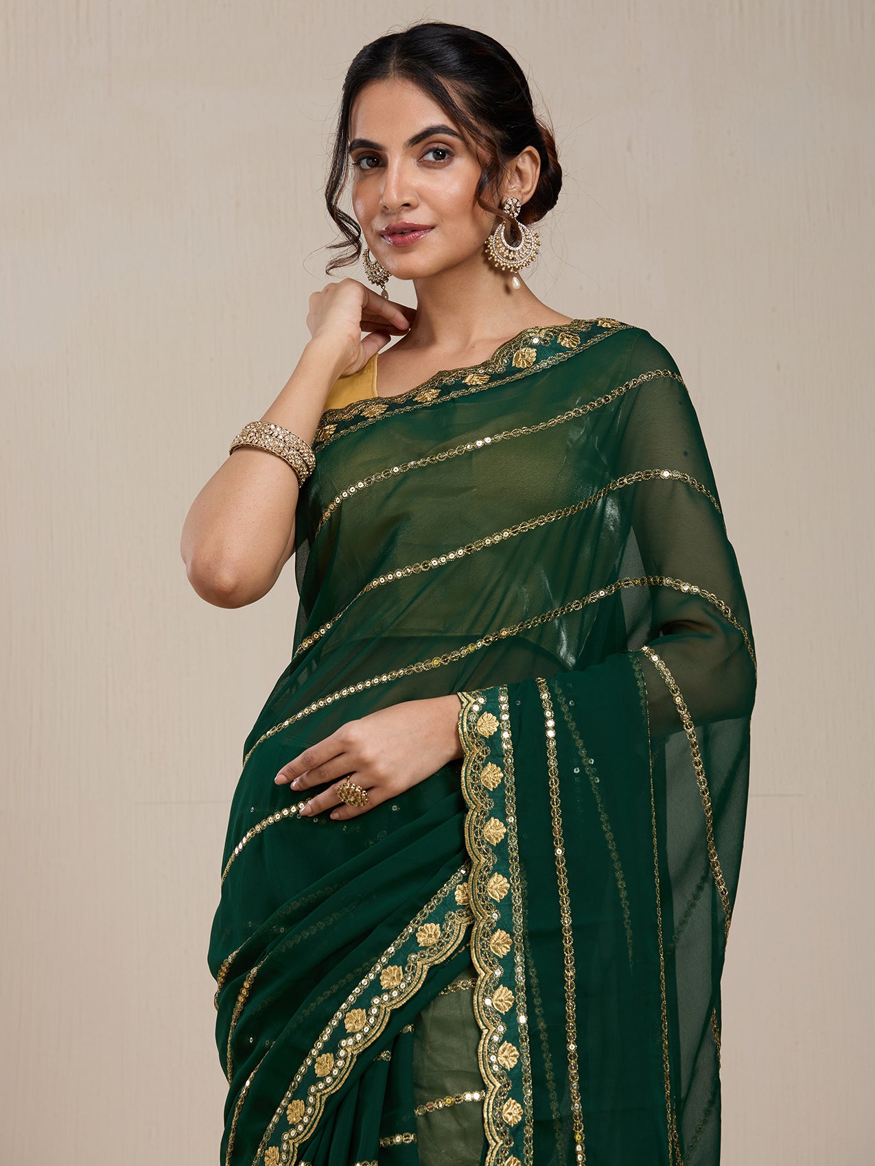 Vervee Couture Lime Green White Floral Poly Georgette Saree | EKA