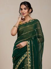 Vervee Couture Lime Green White Floral Poly Georgette Saree | EKA