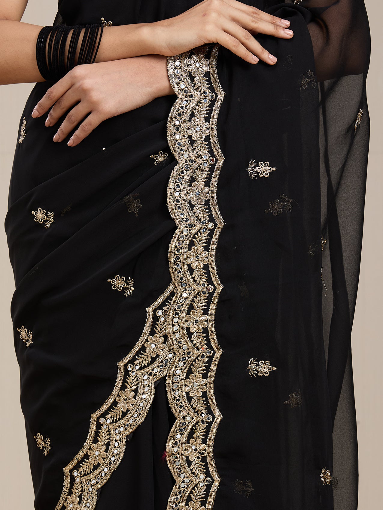 Vervee Couture Black Embellished Poly Georgette Saree with Zari Border | EKA