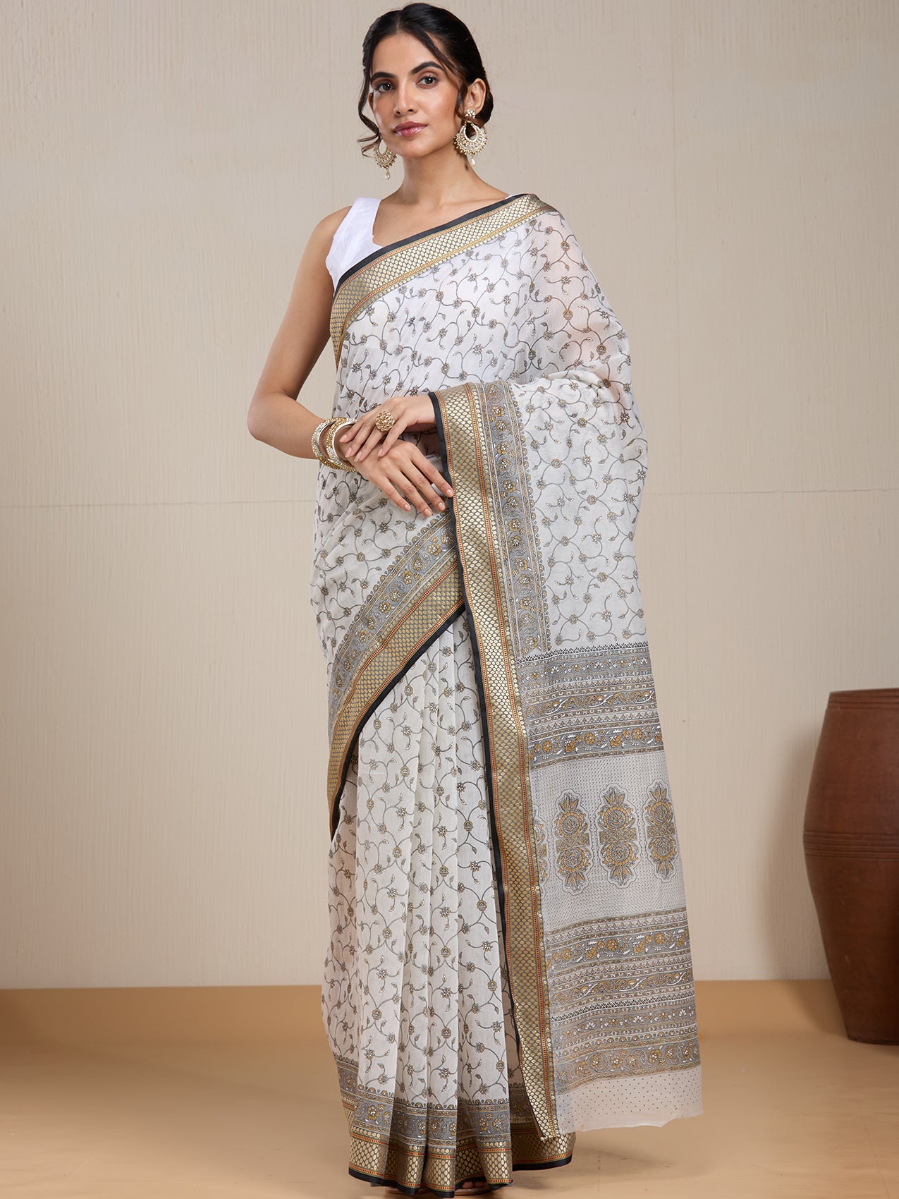 Vervee Couture Off White Grey Floral Silk Blend Saree | EKA