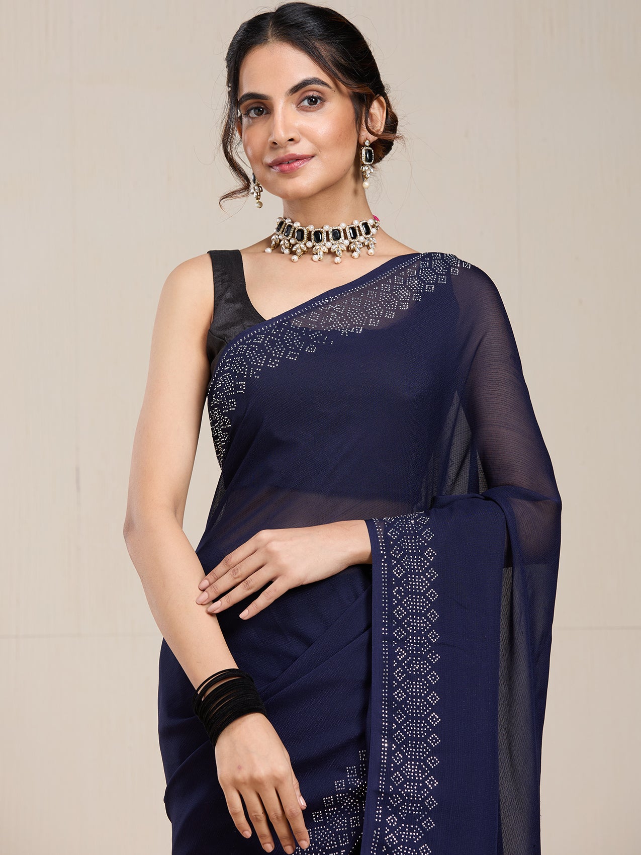 Vervee Couture Navy Blue Embellished Poly Georgette Saree | EKA