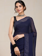 Vervee Couture Navy Blue Embellished Poly Georgette Saree | EKA
