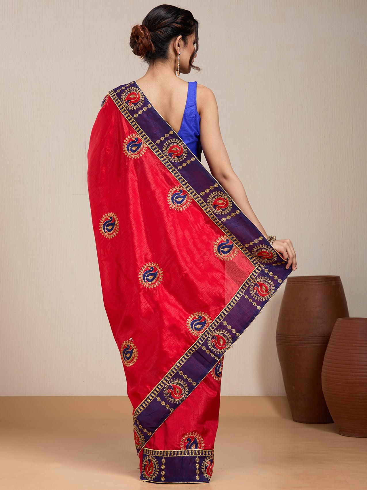 Vervee Couture Red Purple Woven Silk Blend Saree with Zari Border | EKA