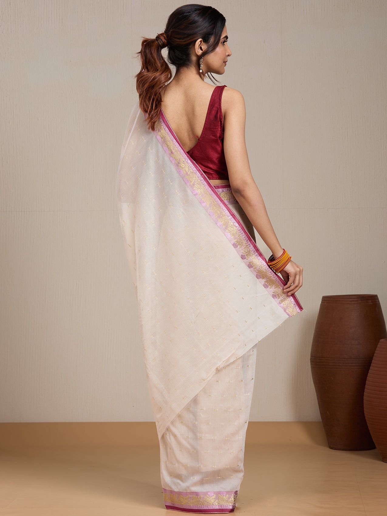 Vervee Couture Cream Pink Woven Silk Blend Saree with Zari Border | EKA