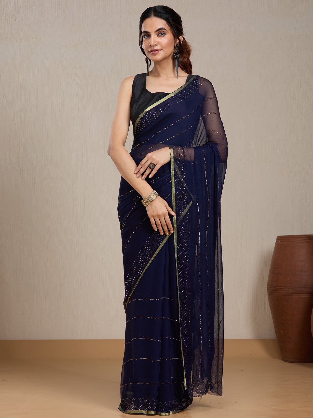 Vervee Couture Navy Blue Poly Georgette Embellished Saree with Sequinned Detail | EKA