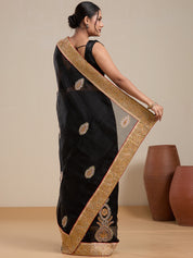 Vervee Couture Black Poly Georgette Saree with Zari Border and Semi Stitched Blouse | EKA