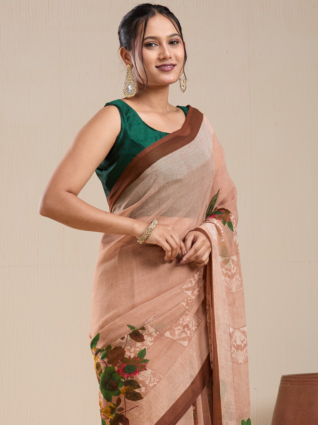 Vervee Couture Beige Floral Poly Georgette Saree with Contrast Border | EKA