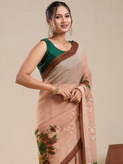 Vervee Couture Beige Floral Poly Georgette Saree with Contrast Border | EKA