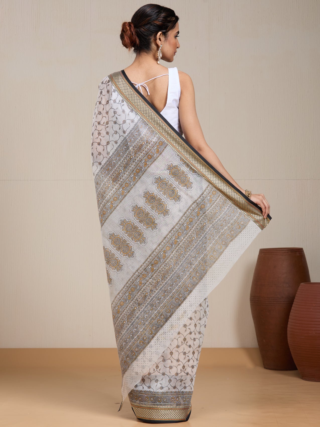 Vervee Couture Off White Grey Floral Silk Blend Saree | EKA