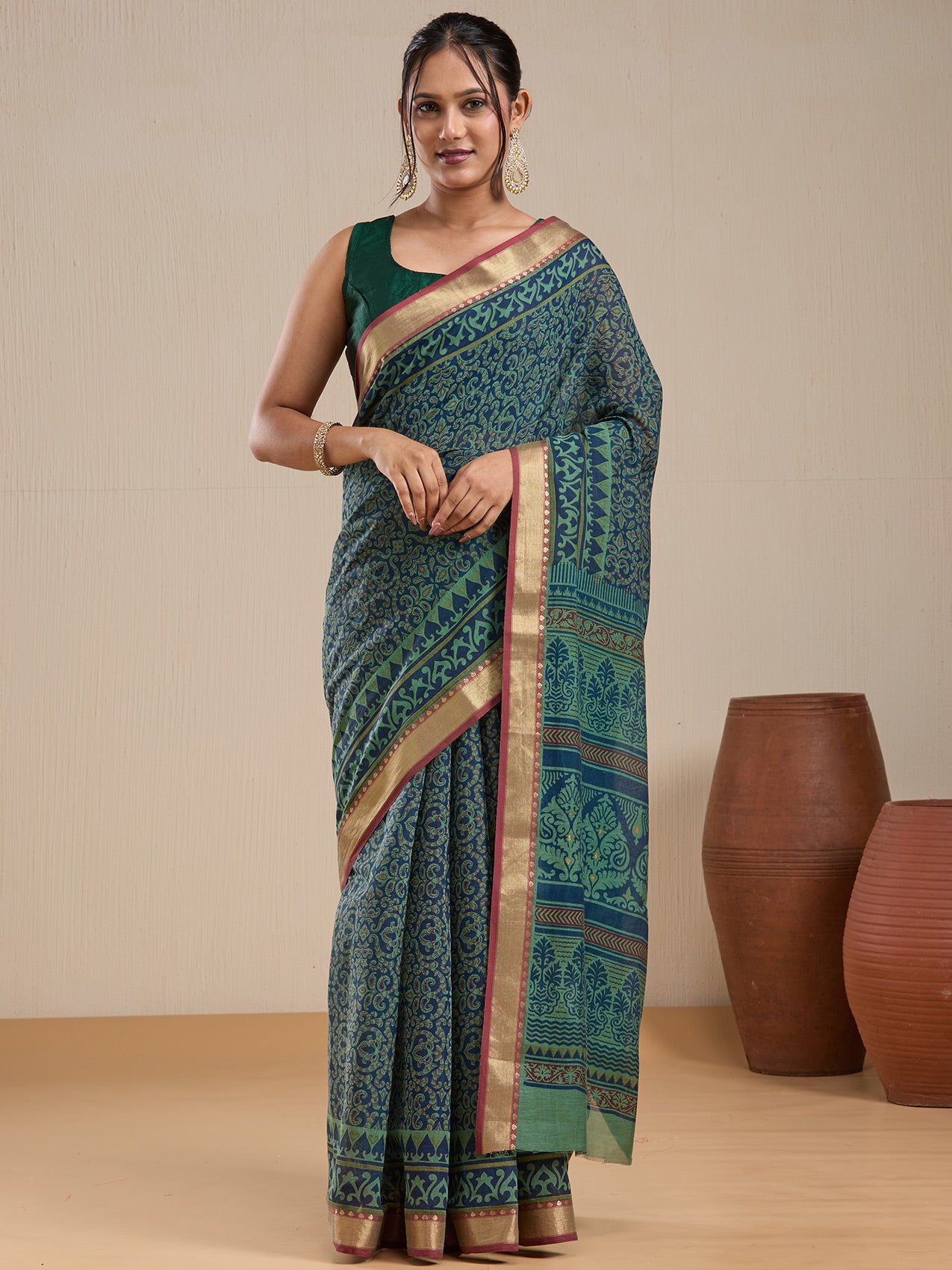 Vervee Couture Green Blue Woven Silk Blend Saree with Zari Border | EKA
