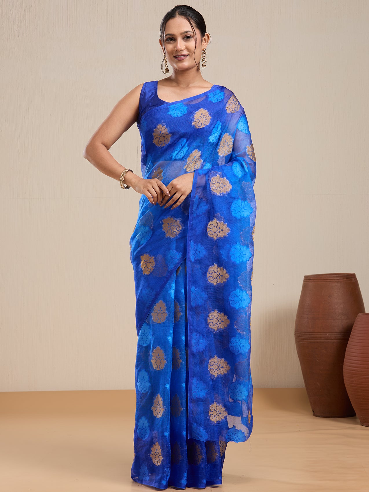 Vervee Couture Blue Poly Georgette Saree with Woven Motifs and Semi Stitched Blouse | EKA