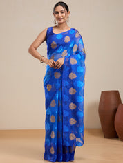 Vervee Couture Blue Poly Georgette Saree with Woven Motifs and Semi Stitched Blouse | EKA