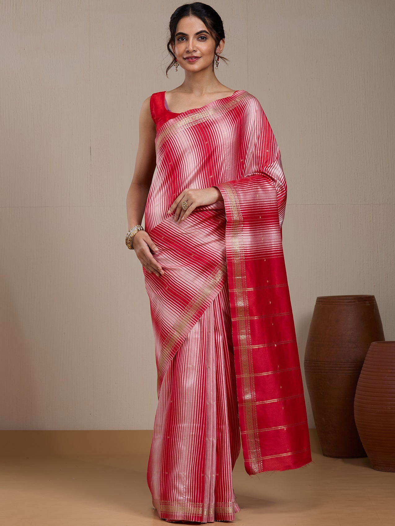 Vervee Couture Red Ombre Silk Blend Saree with Zari Border and Semi Stitched Blouse | EKA