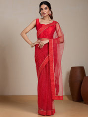 Vervee Couture Red Pure Net Embellished Saree | EKA